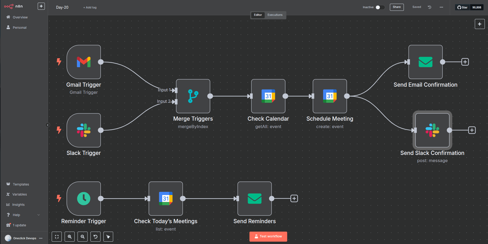 AI-powered personal assistant workflow automating meeting scheduling, calendar updates, and task prioritization using n8n and OpenAI