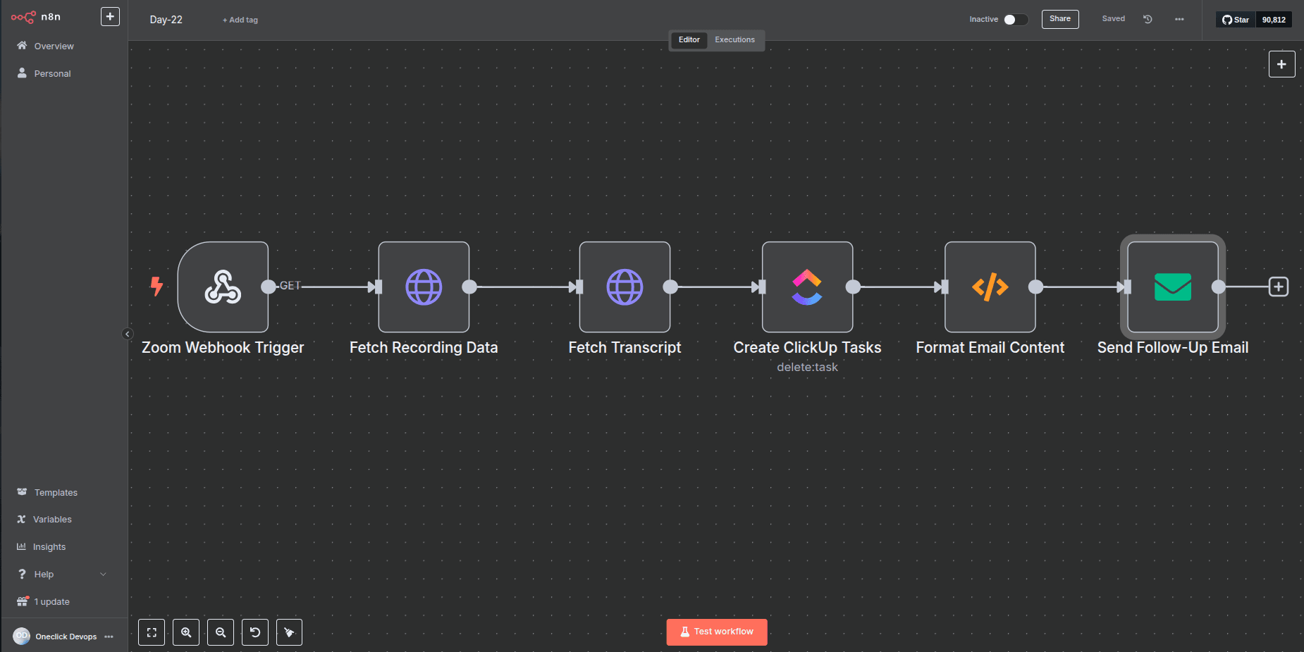 Visual workflow of Zoom AI Meeting Agent automating meeting summaries, ClickUp task creation, and email follow-ups via n8n