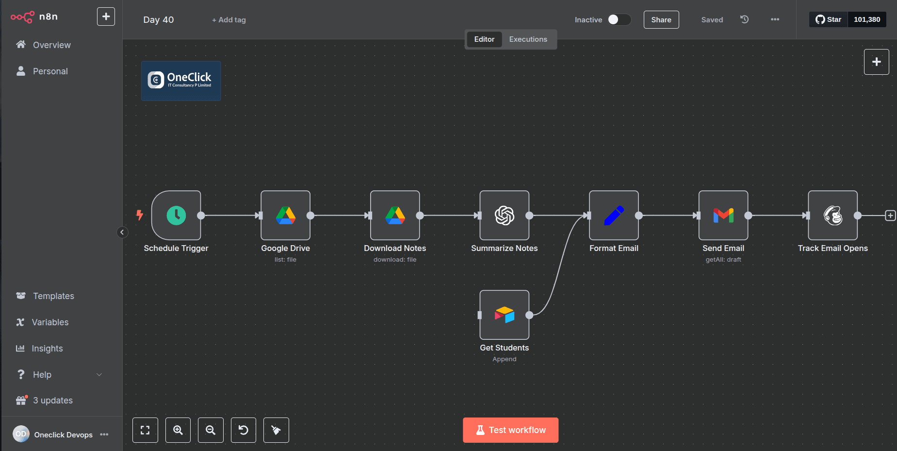 Workflow automation to send daily class notes through email using n8n and AI tools