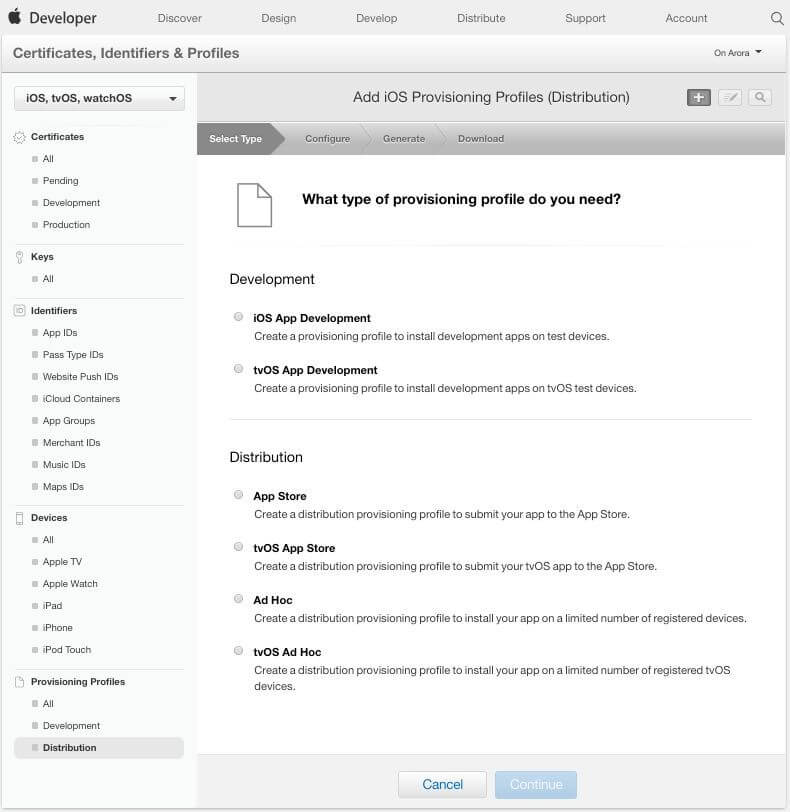 Create production provising profile