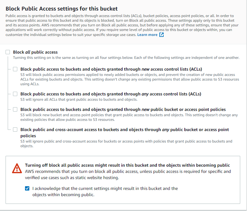 block public access settings for this bucket