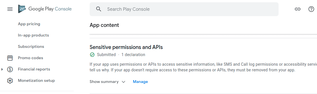google play console sensitive permissions and APIs
