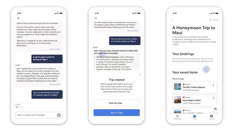 Expedia app interface showing ChatGPT-powered travel assistant helping plan trips