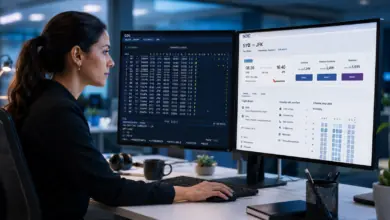 A female travel technology professional comparing GDS and NDC booking interfaces on dual monitors, representing the integration of traditional GDS distribution and NDC airline content on a modern travel platform.