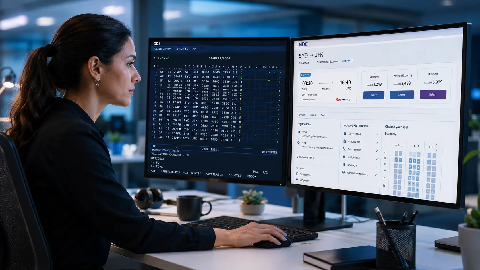 A female travel technology professional comparing GDS and NDC booking interfaces on dual monitors, representing the integration of traditional GDS distribution and NDC airline content on a modern travel platform.