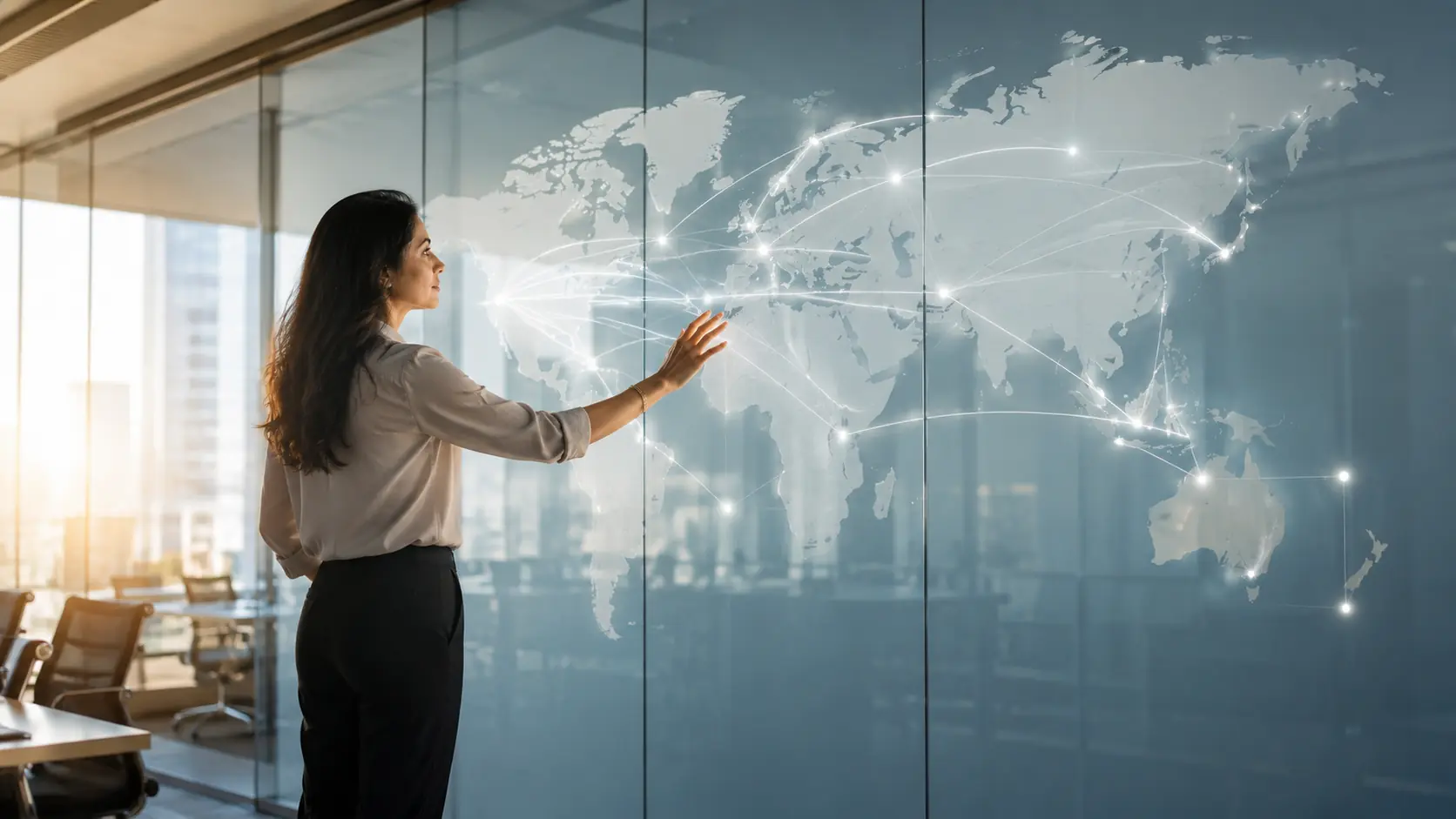 A female travel technology professional standing in front of a world map projection showing global travel route connections, representing multi-PCC GDS management and scaling a travel agency across international markets.
