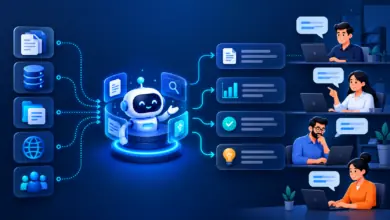 Dark-themed illustration of an AI knowledge assistant connecting company documents, databases, folders, web resources, and employees to generate trusted answers and insights.