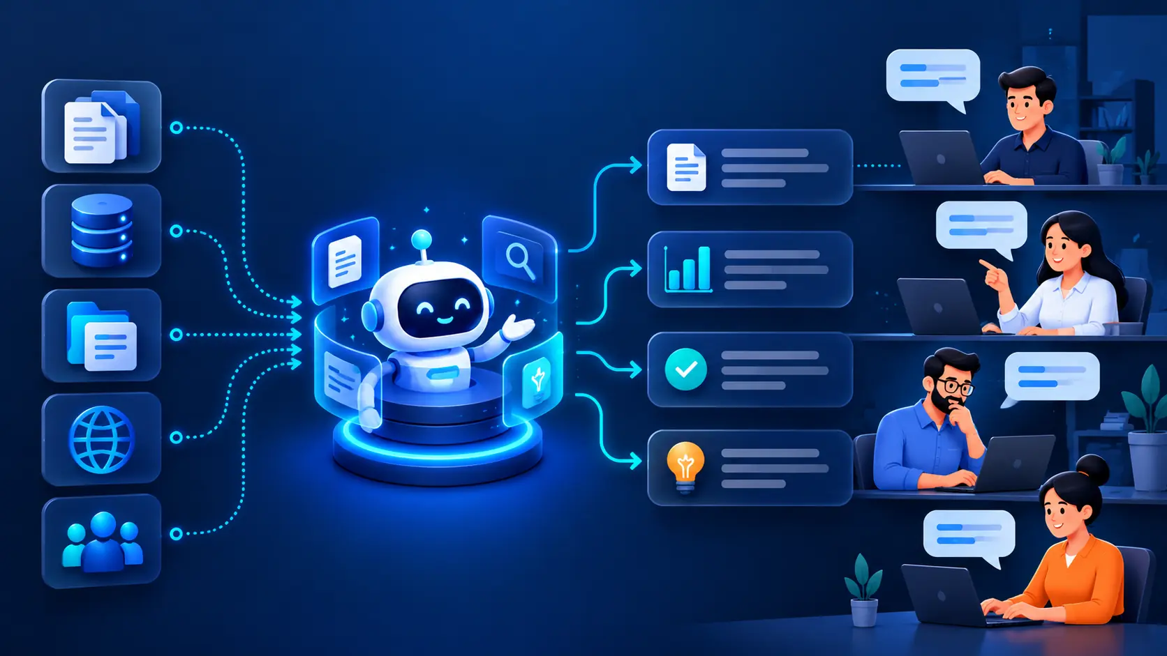 Dark-themed illustration of an AI knowledge assistant connecting company documents, databases, folders, web resources, and employees to generate trusted answers and insights.